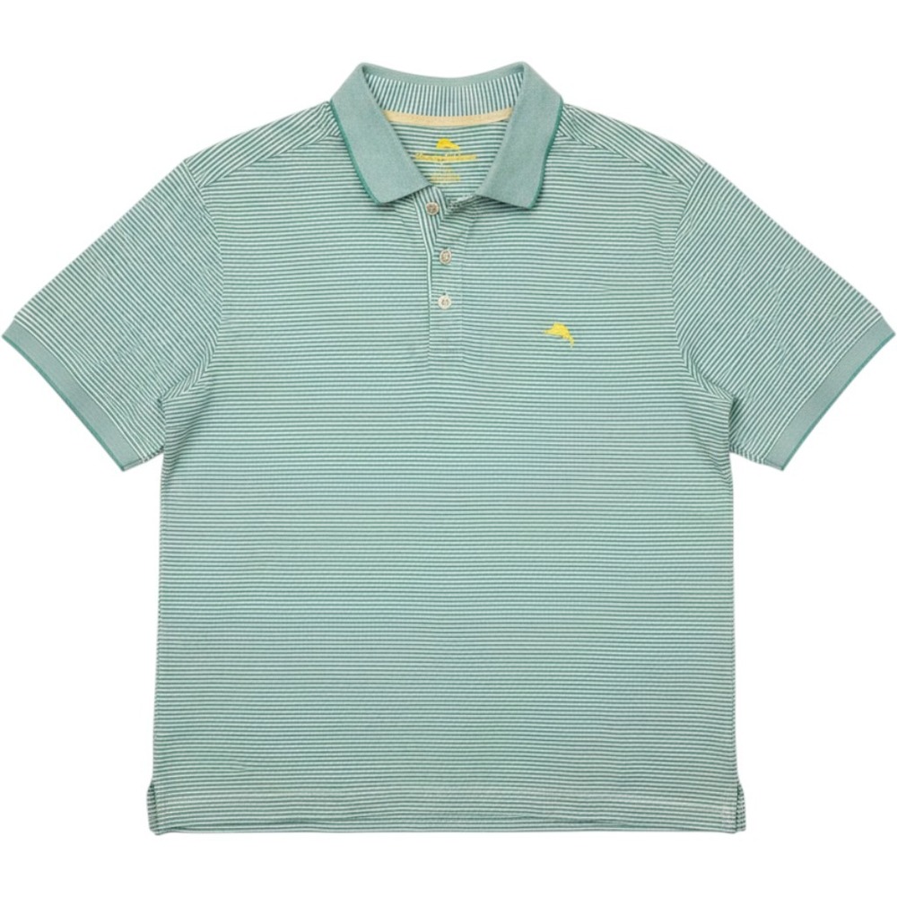 Tommy Bahama Polo Shirt Mens L Green Striped Emfielder Coastal Supima Cotton